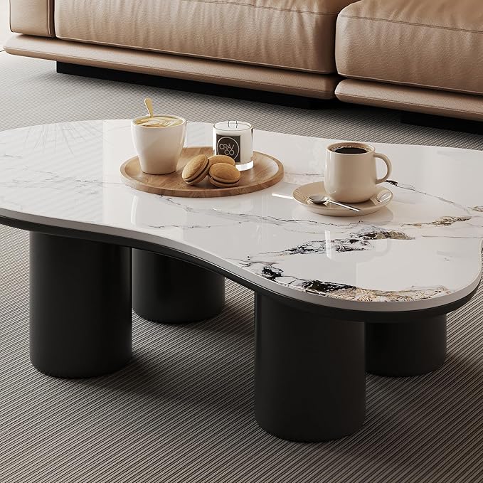 Modern Coffee Table for Living Room, 48.42" Cloud Coffee Table with White Sintered Stone Top, Large Living Room Table Unique Tea Table for Home Office