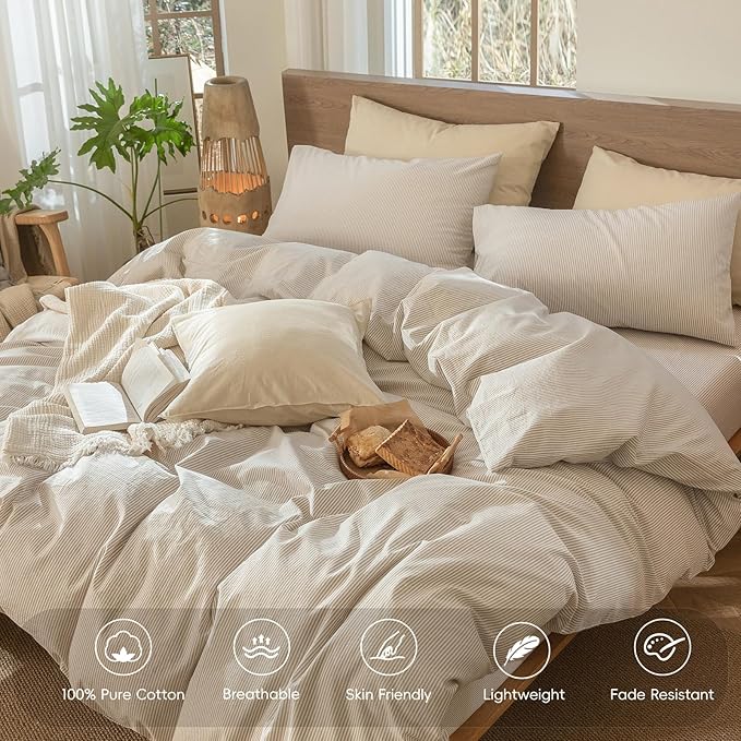 MooMee Striped Duvet Cover Set 100% Washed Cotton Linen Like Textured Breathable Durable Soft Comfy (Tannish Linen Grey White Pinstripes, Oversized Queen 98"x98")