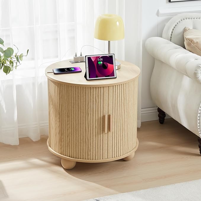 24" Fluted Round Nightstand Set of 2, Mid-Century Large Wooden End Table with Charging Station, Farmhouse Storage Side Table with Sliding Door for Bedroom Living Room (2XRound, Natural)