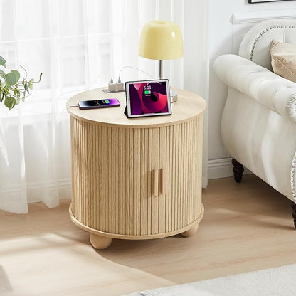 24" Fluted Round Nightstand Set of 2, Mid-Century Large Wooden End Table with Charging Station, Farmhouse Storage Side Table with Sliding Door for Bedroom Living Room (2XRound, Natural)