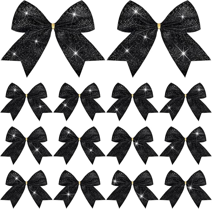 Cindeer 24 Pcs Black Christmas Bow Decorations 6 x 6 Inches, Glitter Holiday Ornaments Sequin Ties Bows for Xmas Tree, Wreath, DIY Crafts, Party Decor, Gift Wrapping