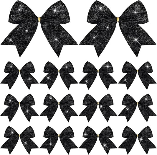 Cindeer 24 Pcs Black Christmas Bow Decorations 6 x 6 Inches, Glitter Holiday Ornaments Sequin Ties Bows for Xmas Tree, Wreath, DIY Crafts, Party Decor, Gift Wrapping