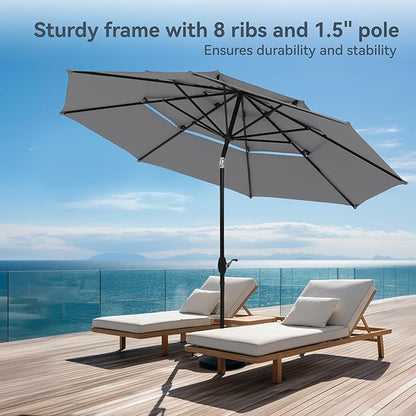 PHI VILLA 10ft Outdoor Patio Umbrellas for Outside, 3 Tier Vented Market Table Umbrella Windproof for Backyard, Deck, Garden, 1.5" Pole, Grey（No Base）