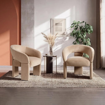 Modern Accent Chair Khaki Velvet Round Barrel Armchair Comfy Upholstered Lounge Chair for Living Room Bedroom Reading Chair Vanity Chair Comfy Office Waiting Room Chairs