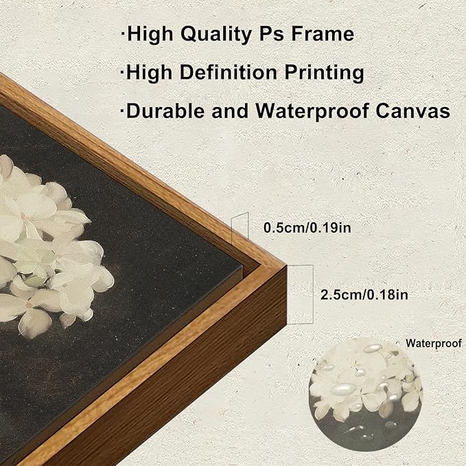 KBKBART Framed Wall Art Vintage Wall Art Room Decor, White Hydrangea Still Life Flower Canvas Oil Painting Prints, Classical Floral Wall Decor, Bedroom Bathroom Pictures Artwork（12“x16