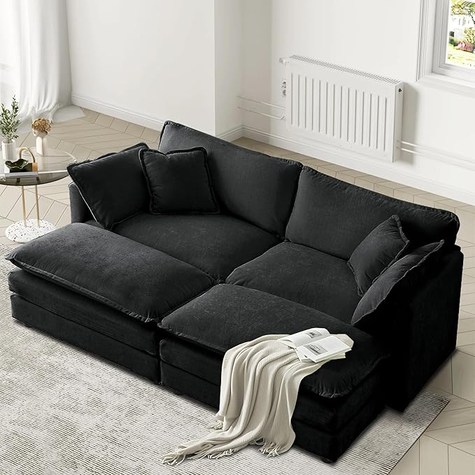 SoarFlash Chenille Sectional Sofa, Comfy Modular Coush Sofa with Ottoman, Modern 2 Seat Recliner Deep Seat Sofa Set for Living Room,Grey