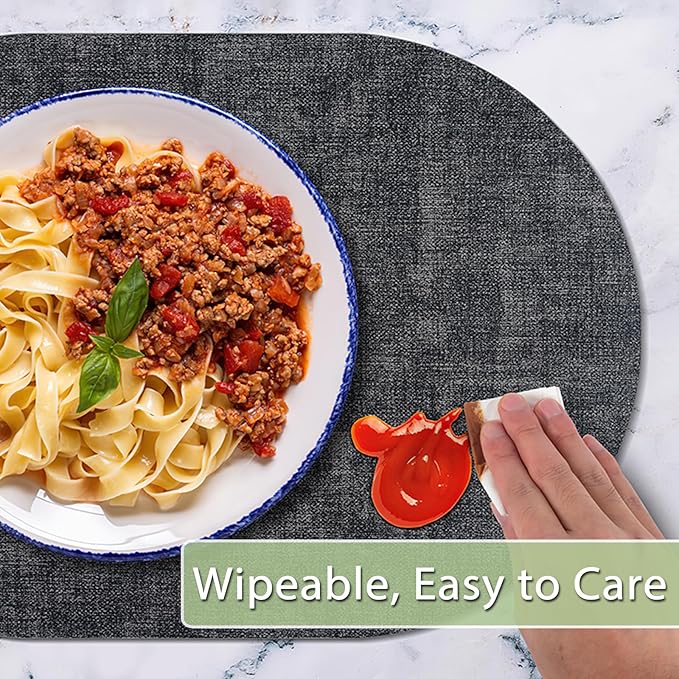 Placemats for Dining Table Set of 4 Non-Slip, Heat Resistant Oval Leather Placemat Double Layer, Waterproof Table Mats Easy to Clean for Kitchen Dining Room Coffee Office Table, Charcoal