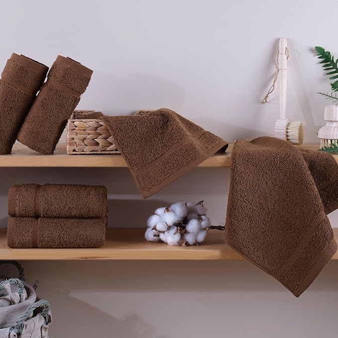 Hawmam Linen Luxury Cotton Washcloths 13x13 Inch - Large Hotel Spa Bath Towels Face Towel 12 Pack, Brown
