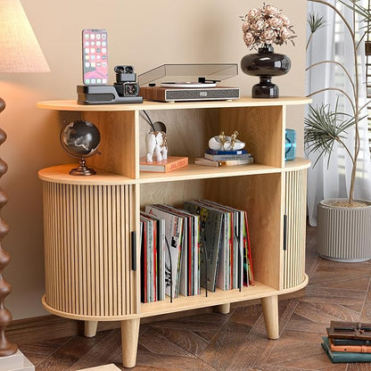 Large Round Record Player Stand with Charging Station & USB Ports，Record Storage Cabinet, Mid Century Modern Turntable Stand Console for Bedroom Living Room (Small Oak)
