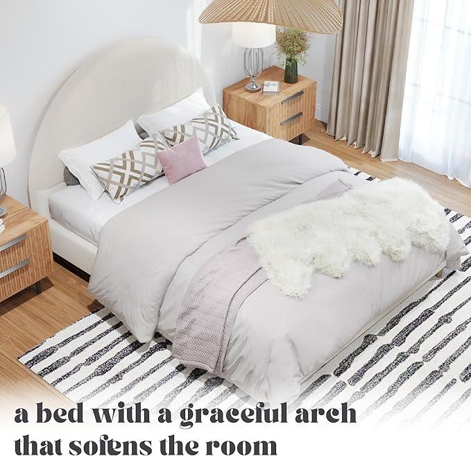 DG Casa Boucle Cloud Bed Frame with Arch Shaped Headboard, Upholstered in Soft Fabric, Platform Solid Wood Legs - Boho or Modern Style - No Box Spring Needed - Full Size