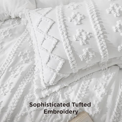 Bedsure Tufted Boho Comforter Set California King - Bright White Boho Bed Set, GentleSoft™ 3 Pieces Farmhouse Shabby Chic Embroidery Bedding, Gifts for Woman, Soft Jacquard Comforter for All Seasons