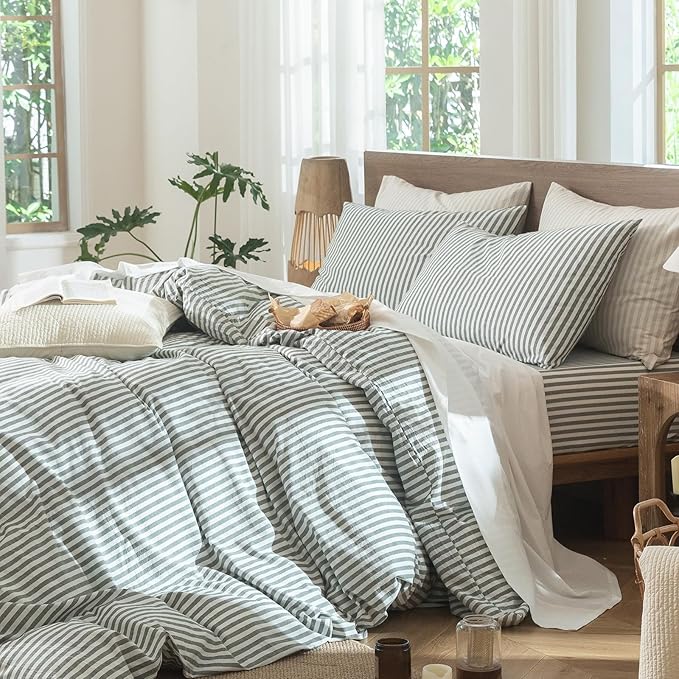 MooMee Striped Duvet Cover Set 100% Washed Cotton Linen Like Textured Breathable Durable Soft Comfy (Heathered Green Classic Stripes, Cal King 104"x98")