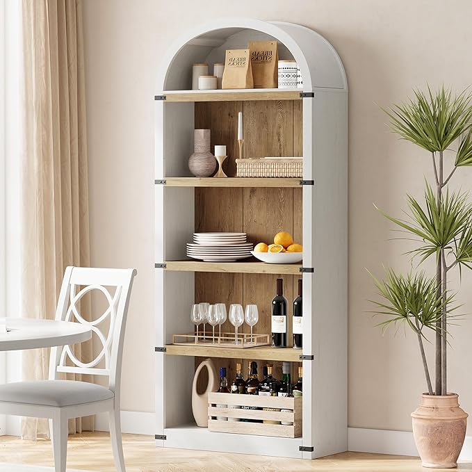 GarveeHome Bookcase 5 Shelf Arched Bookshelf 71.65in Tall Bookcase Farmhouse Display Storage Rack Wooden Bookshelves for Home Office, Living Room (White/Natural)