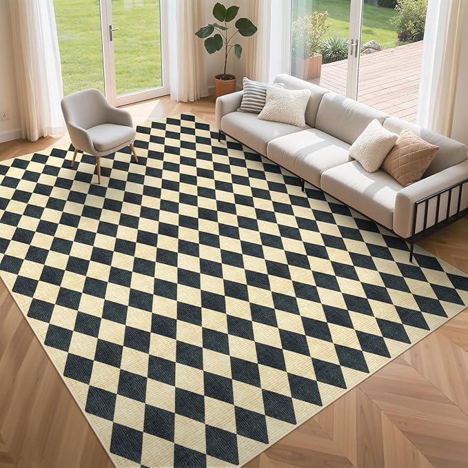 LIVEBOX Washable 8x10 Diamond Rugs for Living Room, Non-Slip Checkered Rug Soft Modern Neutral Geometric Plaid Area Rug for Bedroom, Large Farmhouse Carpet for Office Kids Room Classroom Dorm, Black