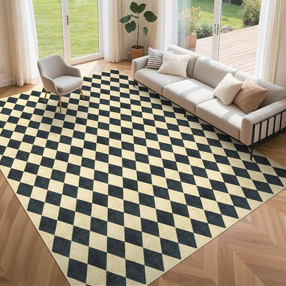 LIVEBOX Washable 8x10 Diamond Rugs for Living Room, Non-Slip Checkered Rug Soft Modern Neutral Geometric Plaid Area Rug for Bedroom, Large Farmhouse Carpet for Office Kids Room Classroom Dorm, Black