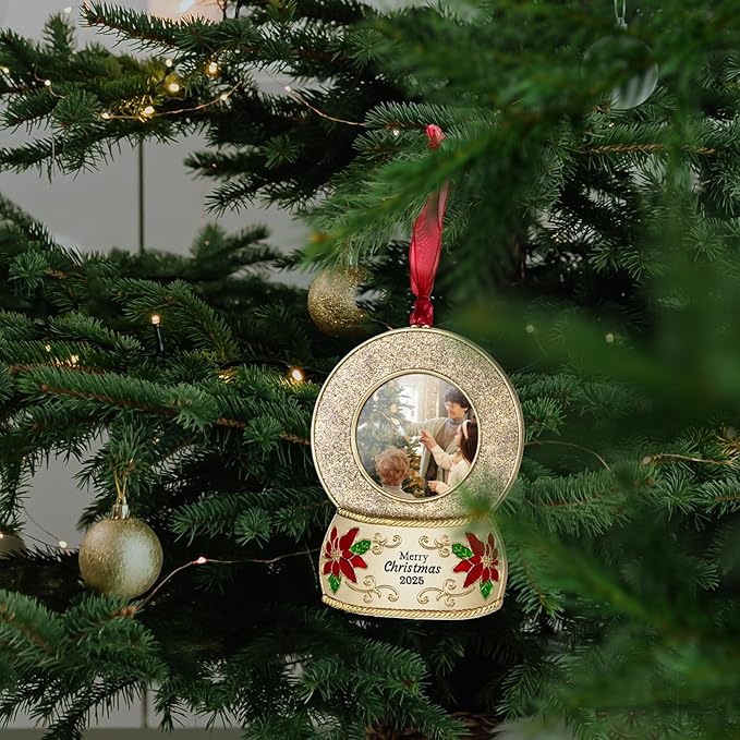 2025 Christmas Ornaments 2 inch Picture Frame Metal Hanging Pendant for Tree Small Decorative Keepsake, Display Photo for Baby and Pet (Crystal Ball Gold(2025))