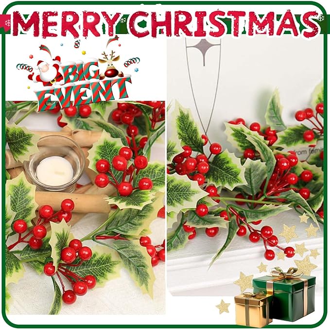 Christmas Garland Decorations, Artificial Berry Garland, Realistic Greenery Garland for Staircase, Mantle, Banister, Fireplace, Wall, Door, Table, Indoor & Outdoor Holiday Xmas Decor 5.75 FT