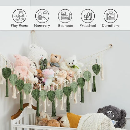 Pretty Jolly Stuffed Animal Storage with Hand Woven Leaf Tassels Hammock Corner Hanging Net Boho Macrame Plush Storage for Toys Kid Room Wall Nursery Decor for Girls Gift (Sage Green&Avocado Green)