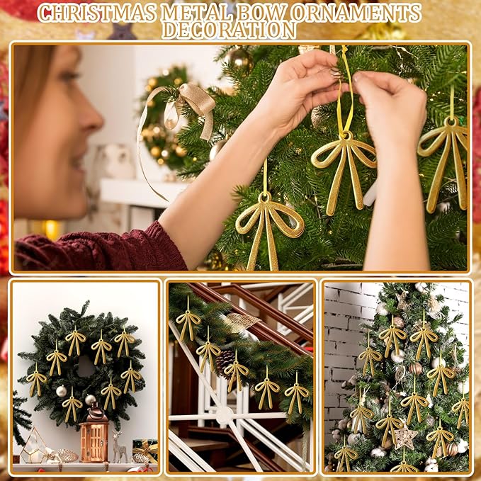 24 Pcs 2025 Christmas Metal Bow Ornaments Bulk for Christmas Tree Garland Wreath Fireplace Vintage Gold Bow Ornaments Indoor Outdoor Home Xmas Party Decorations
