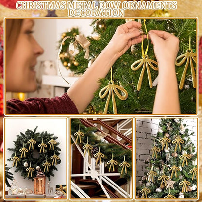 24 Pcs 2025 Christmas Metal Bow Ornaments Bulk for Christmas Tree Garland Wreath Fireplace Vintage Gold Bow Ornaments Indoor Outdoor Home Xmas Party Decorations