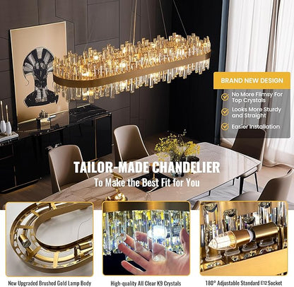Siljoy Modern Crystal Chandelier, 20-Light Luxury Rectangular Brushed Gold Crystal Chandelier Lighting, Large Oval 2-Tier K9 Crystal Pendant Ceiling Light for Dining Living Room Kitchen Island, L52''