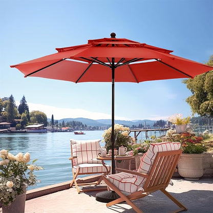 PHI VILLA 10ft Patio Umbrella Outdoor 3 Tier Vented Market Table Umbrella with 1.5" Umbrella Pole and 8 Sturdy Ribs, (Orange Red)（No Base）