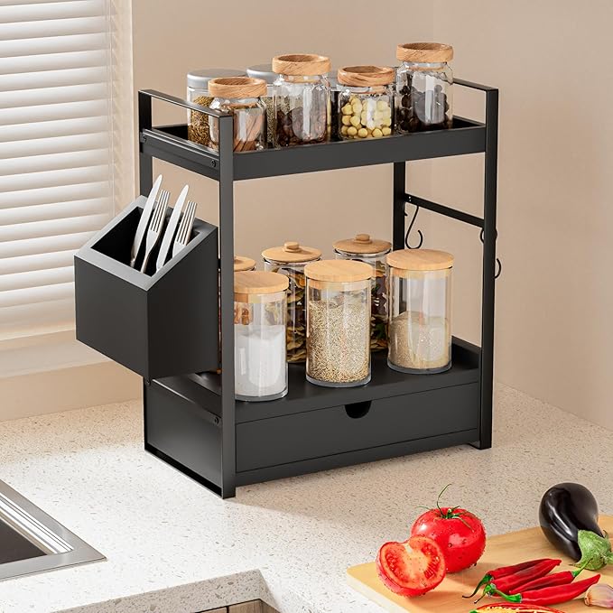 2-Tier Bathroom Counter Organizer with Drawer and Basket, Wood Countertop Organizer for Storage, Skincare Organizers for Vanity, Counter Shelf for Bathroom Organization, Black