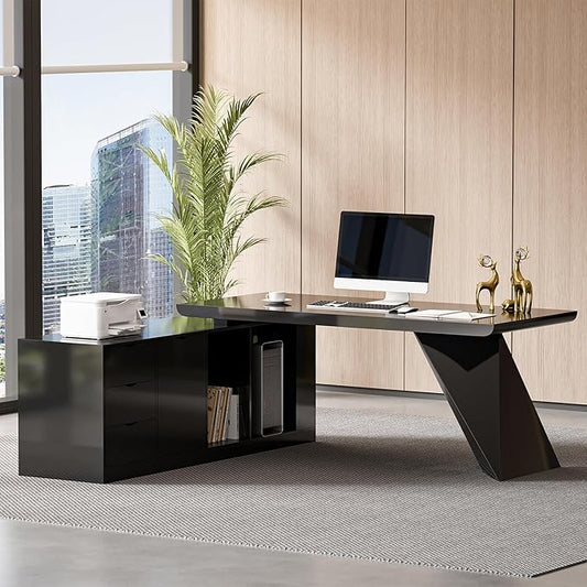 homary 70.9" Modern L-Shape Executive Desk, Home Office Desk with Drawers & Cabinet Modern Computer Desk for Home Business Furniture, Black, Left Hand