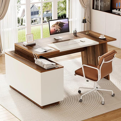 LITTLE TREE 70.5-Inch Executive Desk, Large Home Office Desk with Storage Cabinet and Open Shelves, L-Shaped Computer Corner Desk, Workstation for Office Home, Walnut and Black