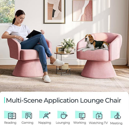 LINSY Swivel Barrel Chair, 360 Modern Swivel Accent Chair Boucle Swivel Chair Round, Pink Velvet Chairs with Arms, Small Barrel Chair for Small Spaces Bedroom Living Room