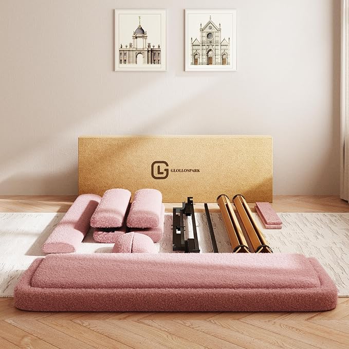 Queen Size Boucle Bed Frame, Cloud Upholstered Platform Bed with Height Adjustable Headboard & Soft Rounded Corners, No Box Spring Needed, Noise Free, Easy Assembly, Pink
