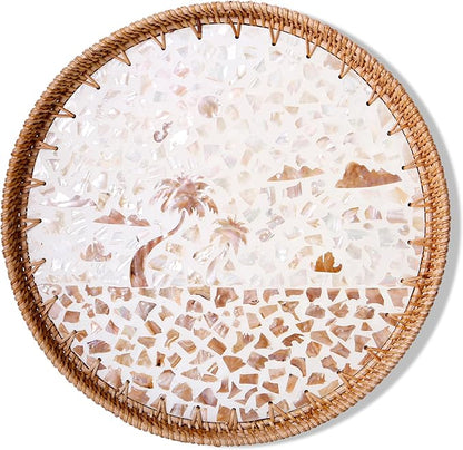 Round Rattan Tray with Mother of Pearl Inlay & Wooden Base - Decorative Wicker Serving Tray for Coffee/Bread/Fruits, Food Storage & Display - Multipurpose Home Decor (L,Island)