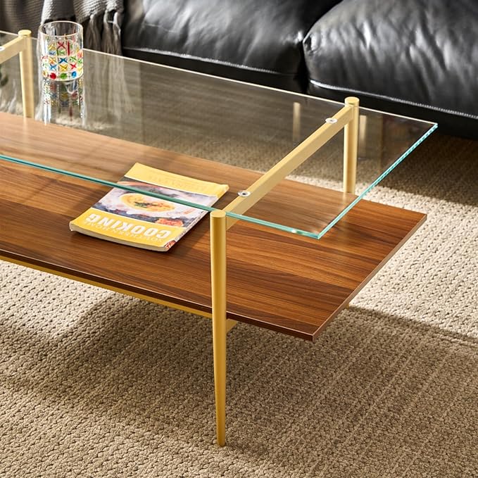 Saint Mossi Tadio Glass Coffee Table, Clear Double Layer Glass Coffee Table for Living Room, Clear Glass & Coffee Brown Bottom Shelf
