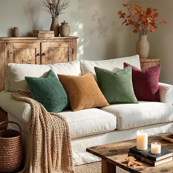 MIULEE Christmas Pack of 4 Throw Pillow Covers 18x18 Inch Christmas Dark Green Soft Decorative Chenille Pillow Covers Farmhouse Accent Cushion Cover for Boho Home Decor Bedroom Living Room