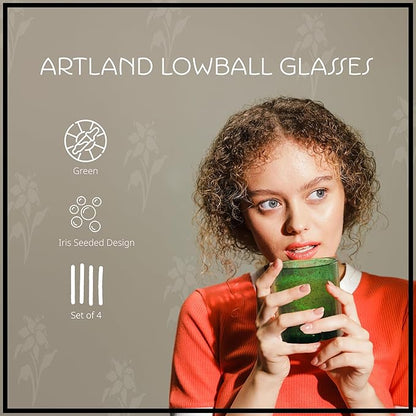 Artland 14oz Double Old Fashion Glass, Set of 4 | Iris Seeded Design, Green | Drinking Glass for Parties and Everyday Use - Mojito, Whiskey, Cocktail | Glassware & Barware Essentials