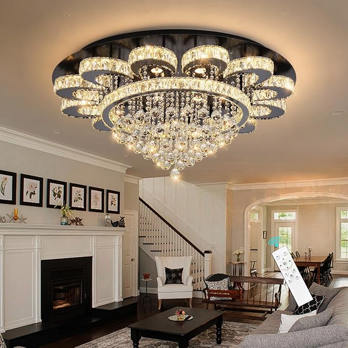 Modern Chandelier Living Room Light Glam Chandeliers Ceiling Light Fixture Remote Dimmable Lights 40 Inches Luxury Crystal Black Dining Room Lights