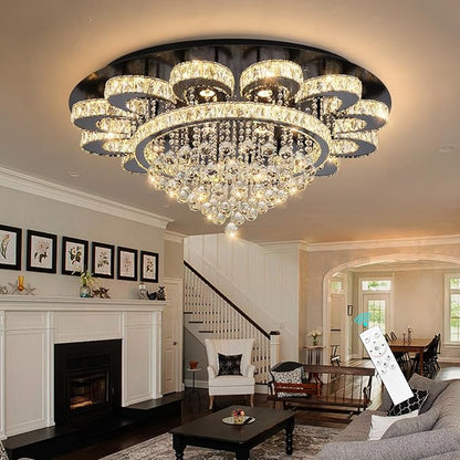 Modern Chandelier Living Room Light Glam Chandeliers Ceiling Light Fixture Remote Dimmable Lights 40 Inches Luxury Crystal Black Dining Room Lights