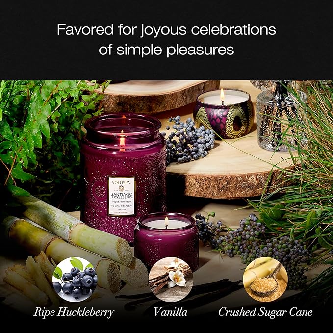 Voluspa Santiago Huckleberry, Large Candle Jar, 18 oz, 100 Hour Burn Time, Coconut Wax for Clean Burning, Handcrafted in the USA