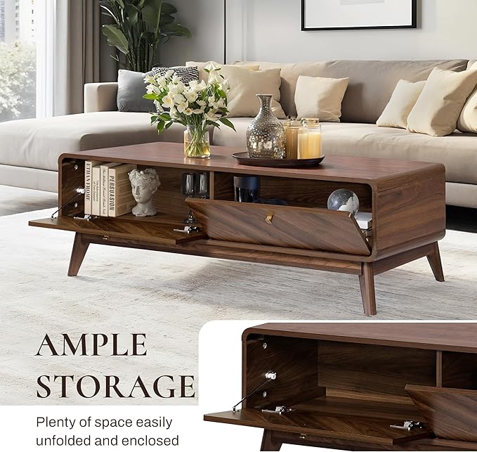 LuxenHome Coffee Table with Storage, 47" Mid Century Modern Coffee Table, Live Edge Coffee Tables for Living Room, Wooden Center Table with Ample Storage Space