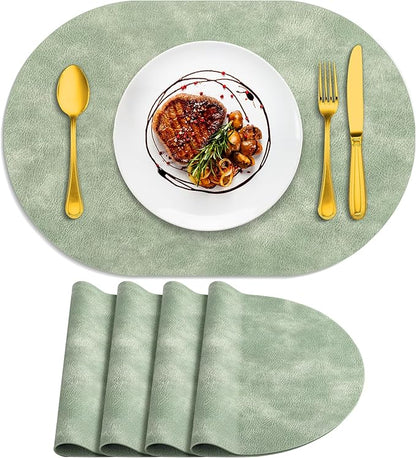 ADRIMER Placemats, Heat Resistant Oval Placemats Set of 4 Washable 12 x 17 Inch, Waterproof Table Mats, Wipeable Pu Place Mats for Kitchen, Dining Room, Green