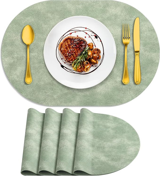 ADRIMER Placemats, Heat Resistant Oval Placemats Set of 4 Washable 12 x 17 Inch, Waterproof Table Mats, Wipeable Pu Place Mats for Kitchen, Dining Room, Green