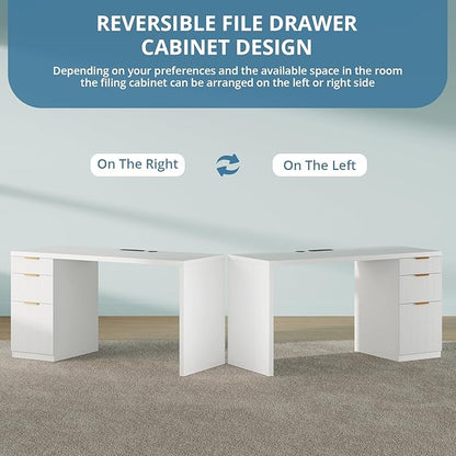 FURSUN 58" Modern Executive Desk with Storage, Home Office Desk with Drawer & Cabinet, Wooden Fluted Desk for Study, Living Room, Bedroom, White