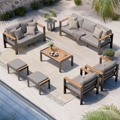 Aluminum Outdoor Patio Furniture Set with Table, 7 Piece Patio Conversation Sets with Thick Cushion, Ottomans, Outdoor Seating Patio Sectional Furniture Set for Porch, Balcony, Deck, Yard, Gray