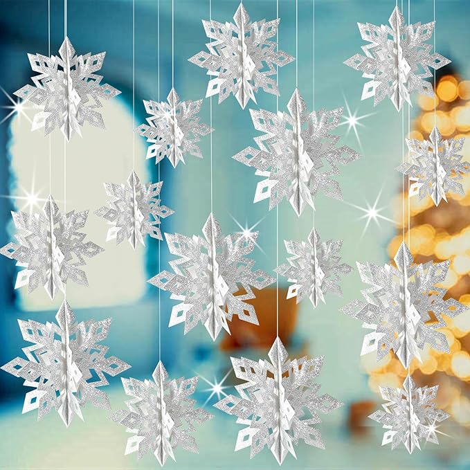 GuassLee Christmas Hanging Snowflakes Decorations, 15pcs 3D Paper Snowflakes Hanging Ornaments Glitter Silver Snowflake Garlands for Winter Wonderland Frozen Christmas Birthday Party Decorations