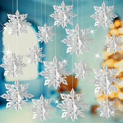 GuassLee Christmas Hanging Snowflakes Decorations, 15pcs 3D Paper Snowflakes Hanging Ornaments Glitter Silver Snowflake Garlands for Winter Wonderland Frozen Christmas Birthday Party Decorations