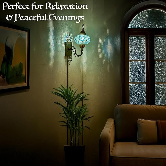 Turkish Moroccan Mosaic Plug in Wall Sconce Lamp with 5.2-Foot Cord, Handmade Tiffany Style Glass Globe with Colorful Hand Cut Glass Mosaics and Glass Beads, Decorated Brass Base, 15x5, Blue