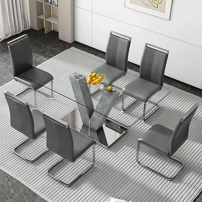 71 Inch Glass Dining Table Set for 6, Kitchen Table and 6 PU Leather Chairs, Dining Table Set Ideal for Living Room