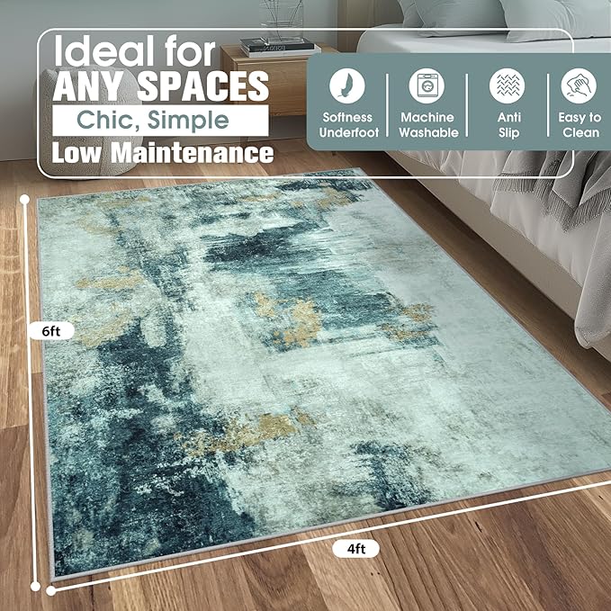 4x6 Area Rugs for Living Room Rug Washable: Abstract Rug for Dining Room Bedroom Carpet Non Slip 4 by 6 Indoor Modern Nursery Home Office Teal Grey Gold