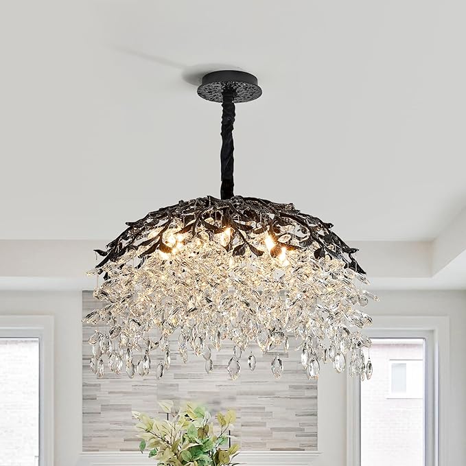 Modern Crystal Chandelier for Dining Room, 8-Light 23.62" Black Tree Branch Chandeliers, Luxury K9 Crystal Rectangular Chandeliers for Kitchen Island Living Room