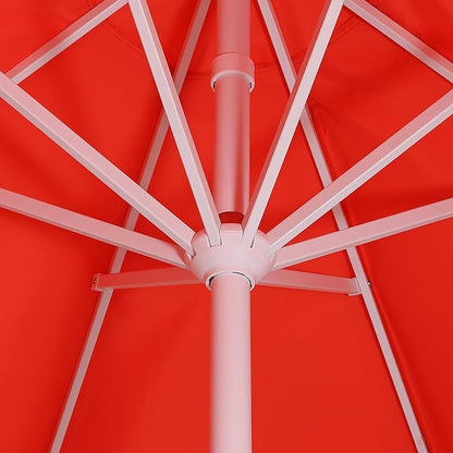 JONATHAN Y UMB1002F Tracy 9 ft. Classic MidCentury Scalloped Fringe Market Patio Umbrella with Auto-Tilt Crank, Wind Vent and UV Protection in Coral Red/White, White Pole